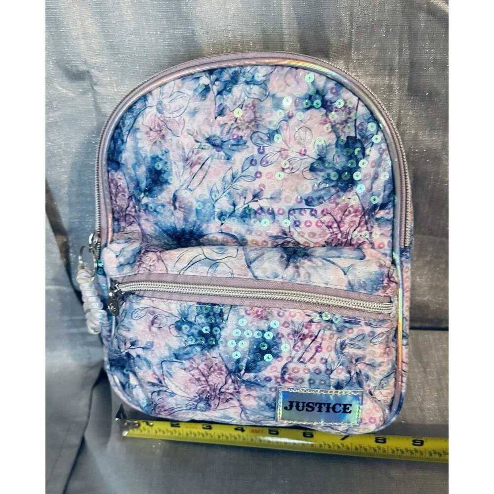 New Justice sequined Blue & Purple floral mini backpack Bag Purse Straps Zip